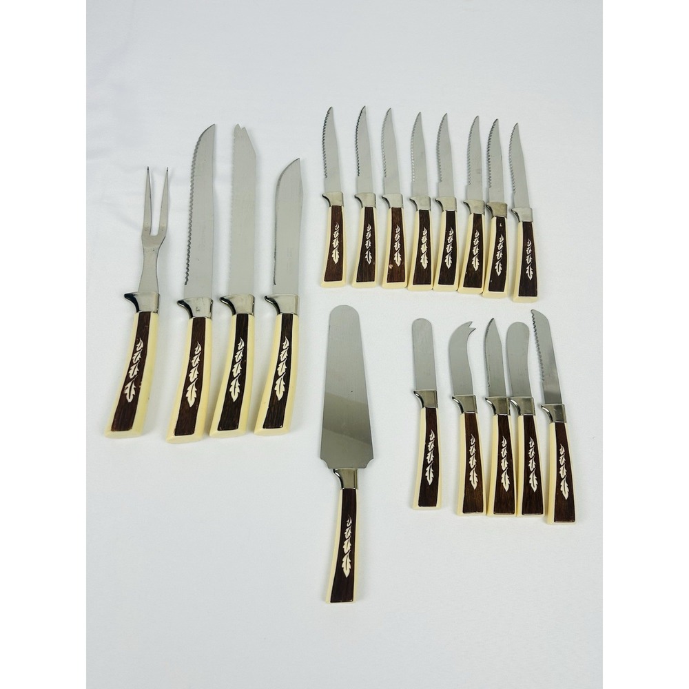Regent Sheffield Silverware Set Vintage MCM Leaf Pattern 18pc Knives Serving Set